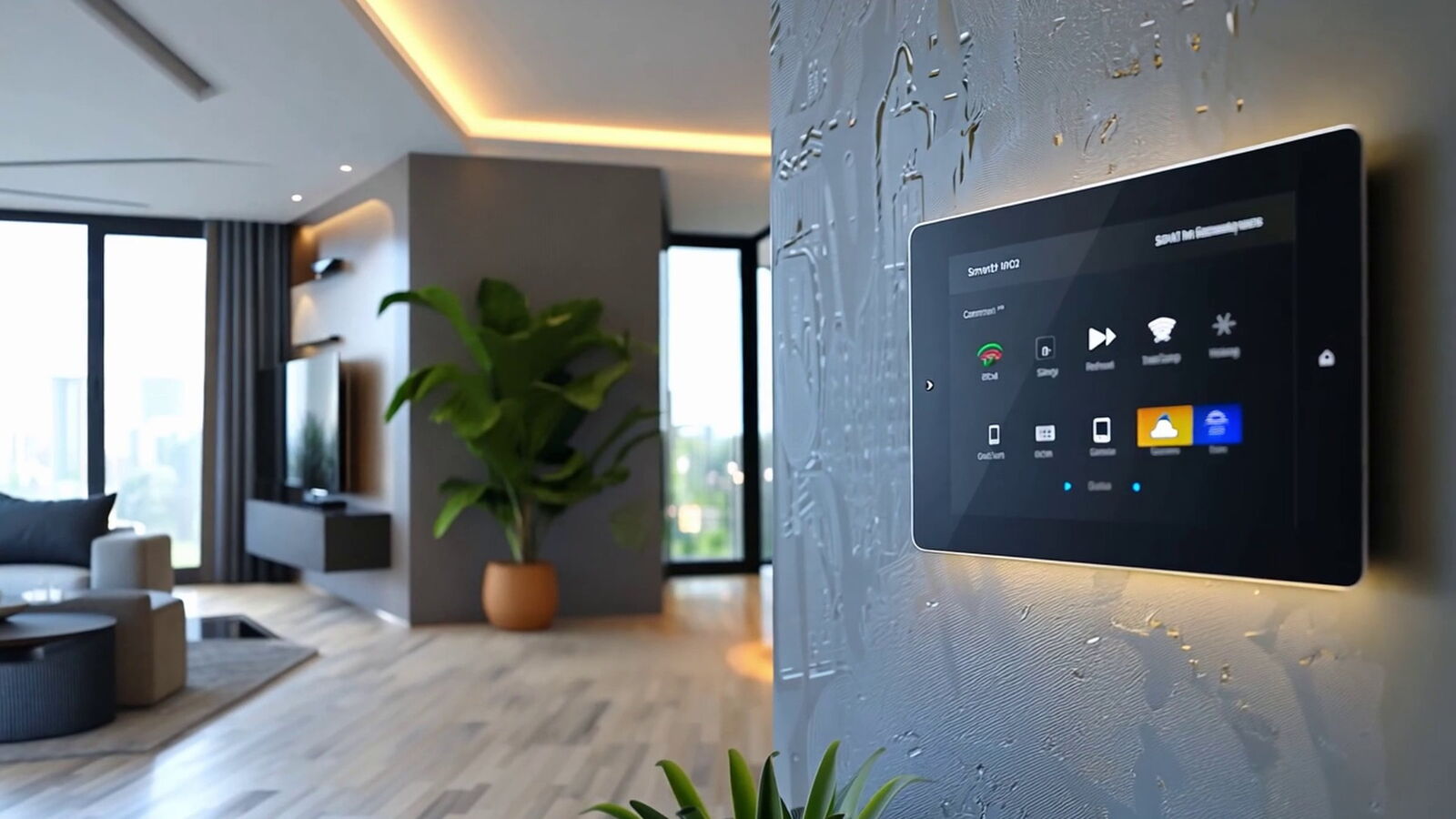 Bedienfeld einer Hausautomation an der Wohnzimmerwand